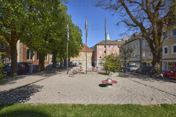 Square, general architecture, flagpoles, flags, trees, lawn, blue sky, cloudless, Unterer