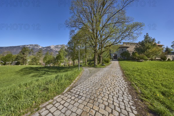 Castle Gruttenstein, mountains, footpath, cobblestones, lantern, entrance, trees, lawn, blue sky,