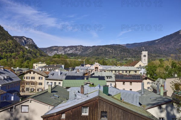 Long shot, historic old town, bird's eye view, historic buildings, church, St. Nicholas, trees,