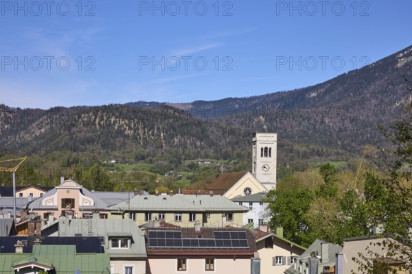 Old town, historic buildings, trees, mountain landscape, mountains, forest, church, St. Nicholas,