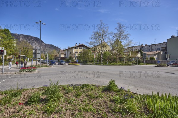 Streets, lantern, trees, general architecture, mountain landscape, mountains, flower bed, blue sky,