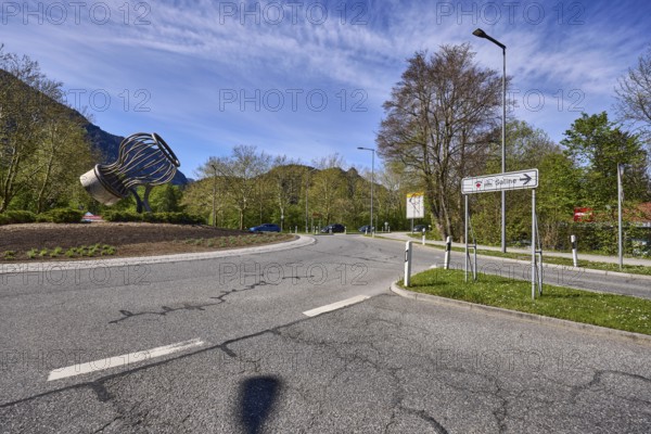 Salt works roundabout, stainless steel sculpture salt shaker, signpost to the salt works, streets,
