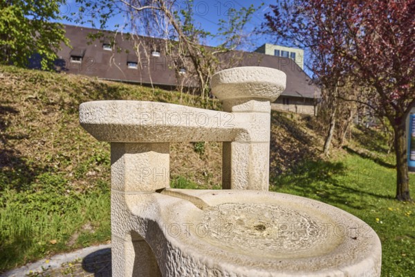 Stone fountain, fountain, trees, meadows, depth of field, blue sky, cloudless,