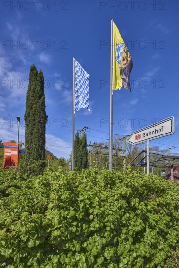 Bad Reichenhall-Kirchberg railway station, hedge, trees, flagpoles, Bavarian flag, Bad Reichenhall