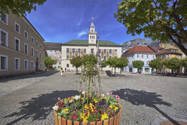 Square, cobblestones, trees, general development, historic town hall, flower pots, mountain