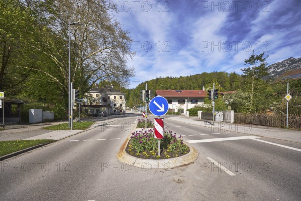 Traffic island, traffic lights, pedestrian crossing, lantern, multi-family houses, trees, flower