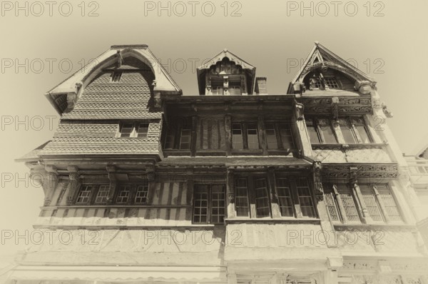 Facade, Hotel Restaurant La Salamandre, black and white, vintage, Étretat, Normandy,