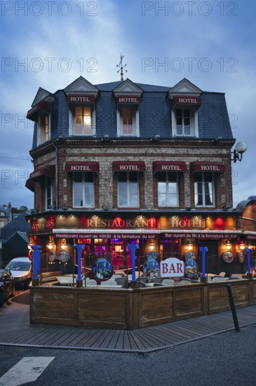 Hotel Restaurant de la tavern des Deux Augustins, blue hour, evening, dusk, Étretat, Normandy,