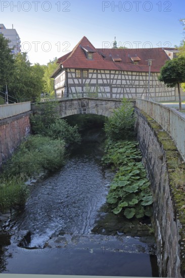 Armoury museum built in 1668, half-timbered house, back, bridge over the Lauter, stream, Suhl,