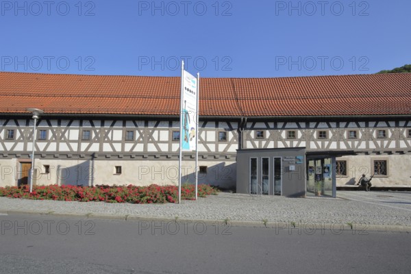 Entrance to the arms museum built in 1668, half-timbered house, museum, entrance, banner, Suhl,