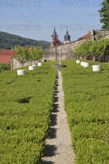 Terrace garden with potted plants with St George's Church, ornamental garden, line, vanishing