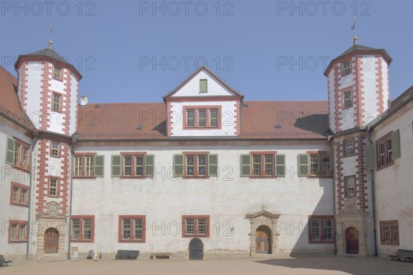 Inner courtyard of the Renaissance Wilhelmsburg Castle with corner turrets, Schmalkalden,