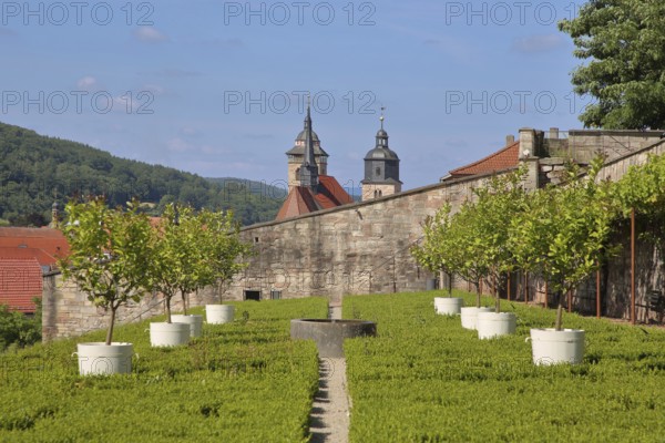 Terrace garden with potted plants with St George's Church, ornamental garden, cityscape, terrace