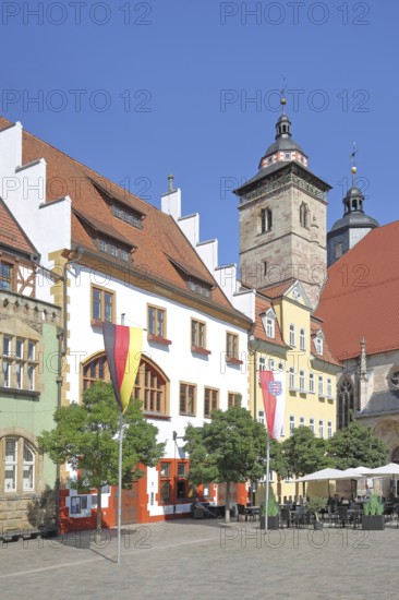 Houses and German national flag with Thuringian state flag, St George's Church, Altmarkt,