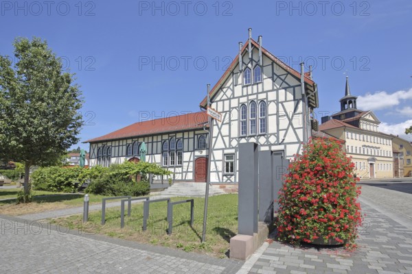 Old school and former hospital, white half-timbered house, Schmalkalden, Franconia, Thuringia,