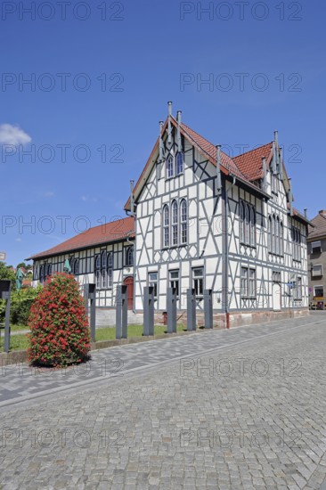 Old school, white half-timbered house, villa, Schmalkalden, Franconia, Thuringia, Germany