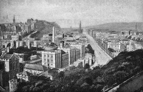 Edinburgh with Edinburgh Castle and Princess Street, cityscape seen from Calton Hill, Obelisk,
