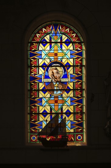 Interior view, church window with sailing ship, Église Saint Martin church, Yport, Normandy,