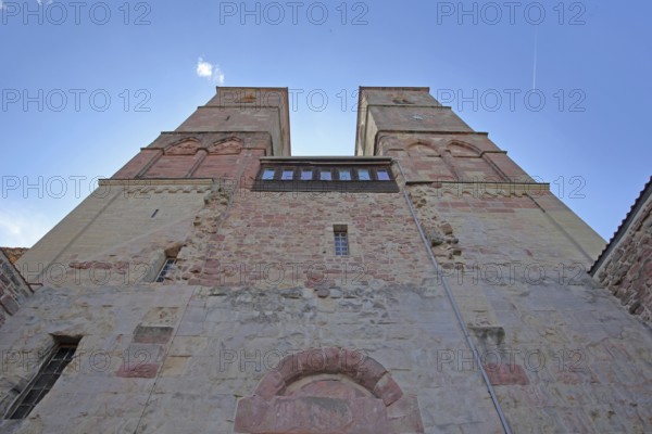Romanesque St. Mary's Collegiate Church with twin towers, view upwards, perspective, church ruins,