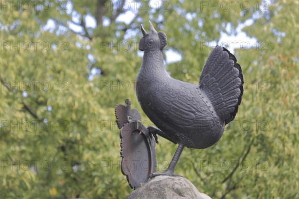 Grey bronze sculpture at the Hennebrunnen fountain, bird figure, screaming, tail feathers, market