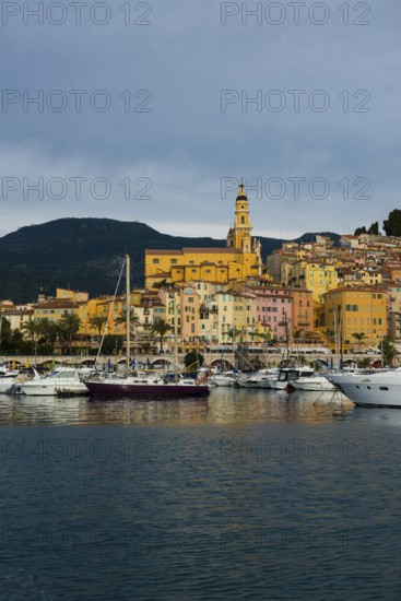 Town with colourful houses by the sea, sunrise, Menton, Alpes Maritimes, Provence Alpes Cote