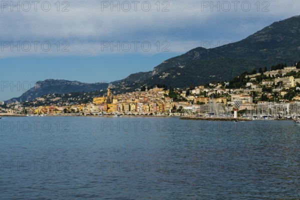 Town with colourful houses by the sea, Menton, Alpes Maritimes, Provence Alpes Cote d'Azur, French