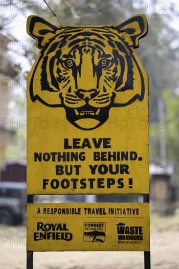 Sign Leave nothing behind but your footsteps, Tiger, Corbett National Park, near Ramnagar,