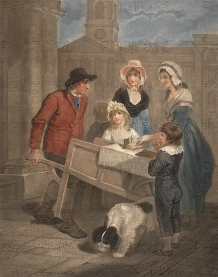 Hot spiced gingerbread is sold by a baker directly from his cart. Two woman and two children