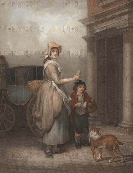 Young woman selling matches, travelling from door to door with her boy and a dog, Matches, England,
