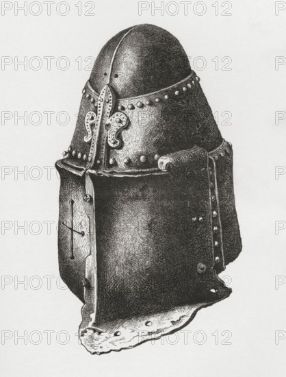 Helmet c. 1350, similar to that of the Black Prince in Canterbury Cathedral, but with the Piéce de