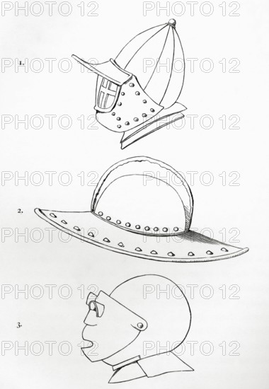 Helmets: 1. incomplete visor helmet. The visor can be opened via a hinge on the forehead. 2. pot