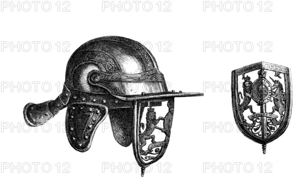 King James II cap with cheekpieces and pierced steel visor depicting the royal coat of arms,