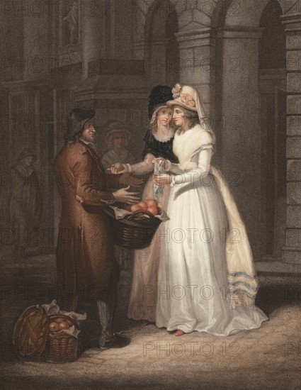An orange seller offers his fruit to two elegant young ladies, England, c. 1790, Painting by