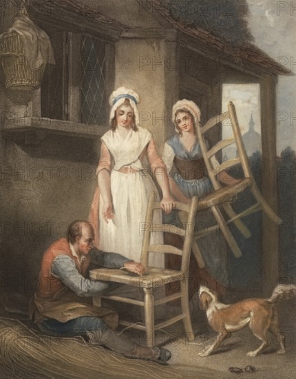 Old chairs to be repaired, chair maker repairs the seat of a chair, a woman brings another chair,