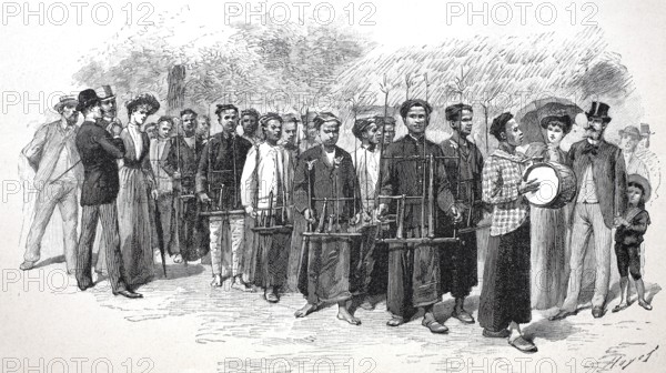 A music band from Jave on the way to pick up the dancers, 1880, Historical, digitally restored