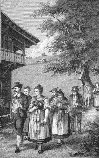 Alpine farmers on their way to Sunday worship in their home village, Alps, Tyrol, around 1880,