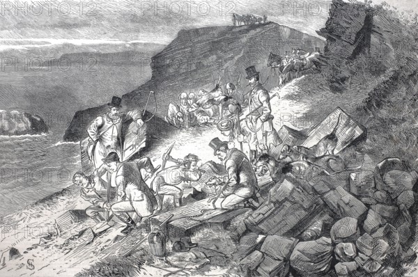 Foxhunt at Cornwell, 1880, Excavation of the den of a cliff fox, England, Historical, digitally