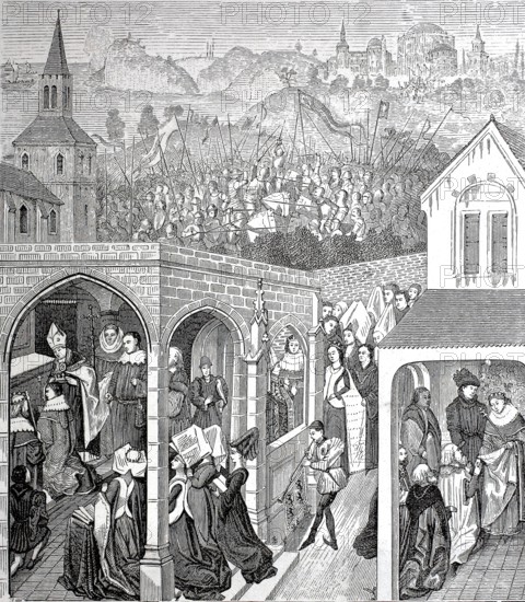 The coronation of Philip August in Reims in 1179, wood engraving after a miniature in the Library