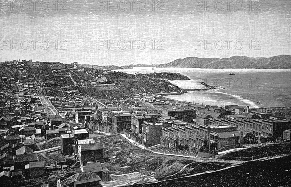 San Franciso, rows of houses, blocks of flats, green areas, hills, parallel streets, ships, Pacific