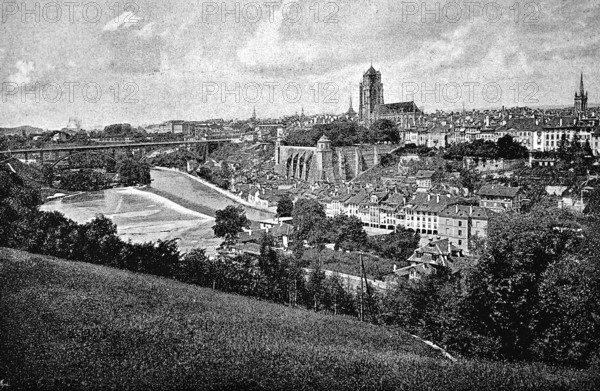 City view of Bern on the Aare, Old Town, UNESCO World Heritage Site, bridge, churches, fortress,
