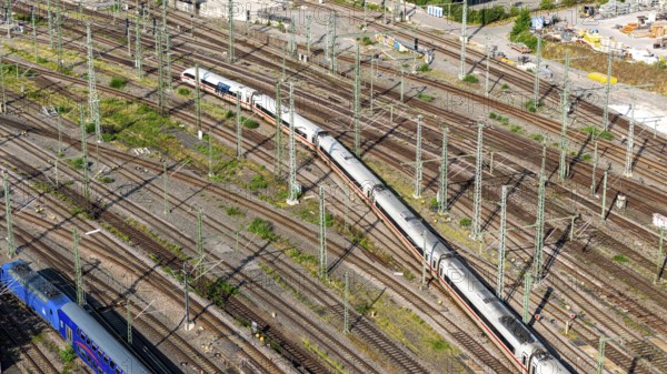 Track apron at the main station with platform and ICE at the entrance. Stuttgart,