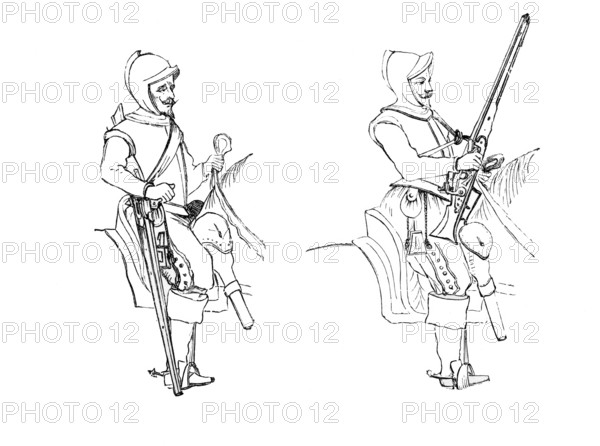 The marching posture of the arquebusiers. Harquebusiers with snap-hance carbines, dated 1632, from