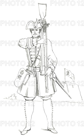 Foot soldier with armour, England, 1745, from the book The British Army, 1868, Historical,
