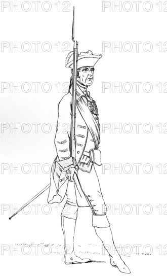 Officer of the Norfolk Militia with fusil, flintlock musket, and gorget, linen band, 1759 AD, from
