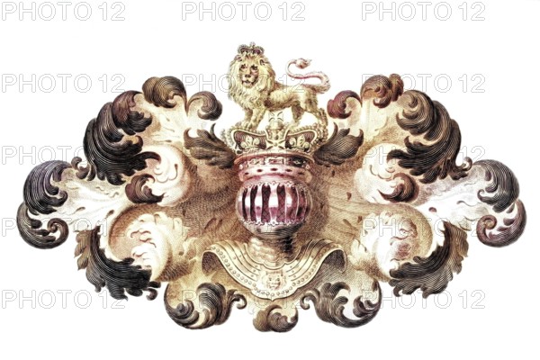 Helmet, coat of arms and cloak or lambrequin of the British sovereign, 1820, England, Historical,