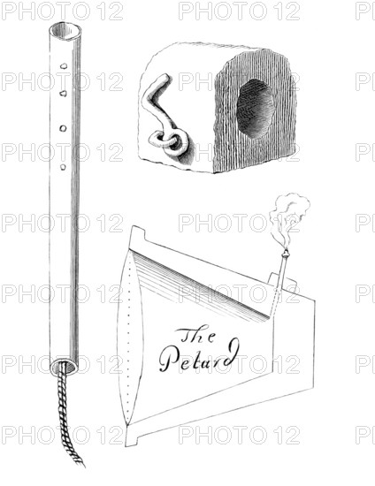 Petards or small bombs, usually conical or rectangular metal objects containing gunpowder and the