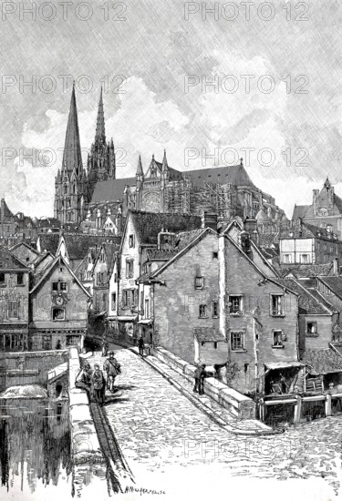 The Rue du Bourg in Chartres, Cathedral scaffolded in renovation, 1880, Old Town, France,