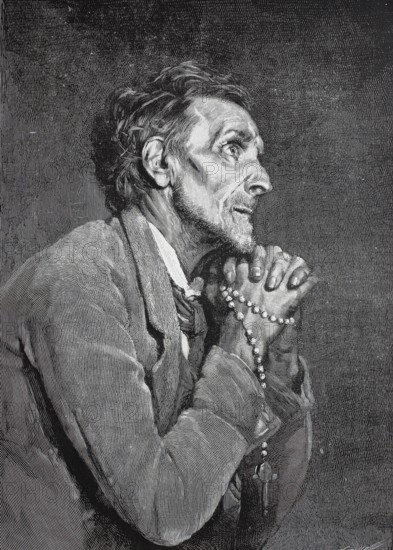Prayer for the deceased, old man praying devoutly with a rosary, 1888, France, Historical,