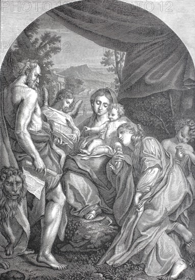 Madonna with Child and Saints Jerome and Mary Magdalene, woodcut after an oil painting by the