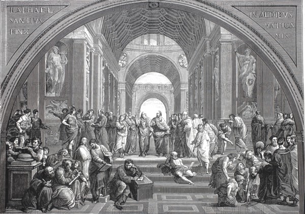 The School of Athens, woodcut after a fresco by the painter Raphael, which he produced from 1510 to